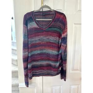 Armani Exchange Red & Blue Marled Watercolor Stripe Knit Linen Blend Sweater